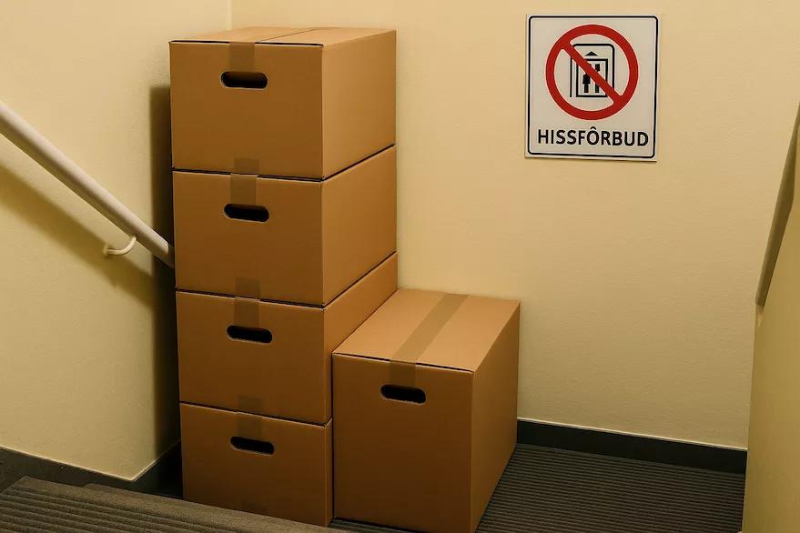 “Flyttkartonger staplade i smal trappa utan hiss – symboliserar utmaningar vid flytt med hissförbud, tunga lyft och behov av planering i trånga utrymmen”